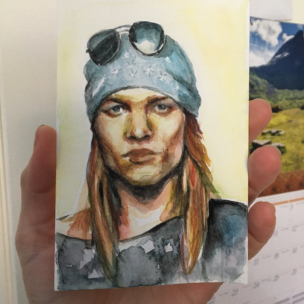 Axl Rose watercolor portrait on 4x6 postcard